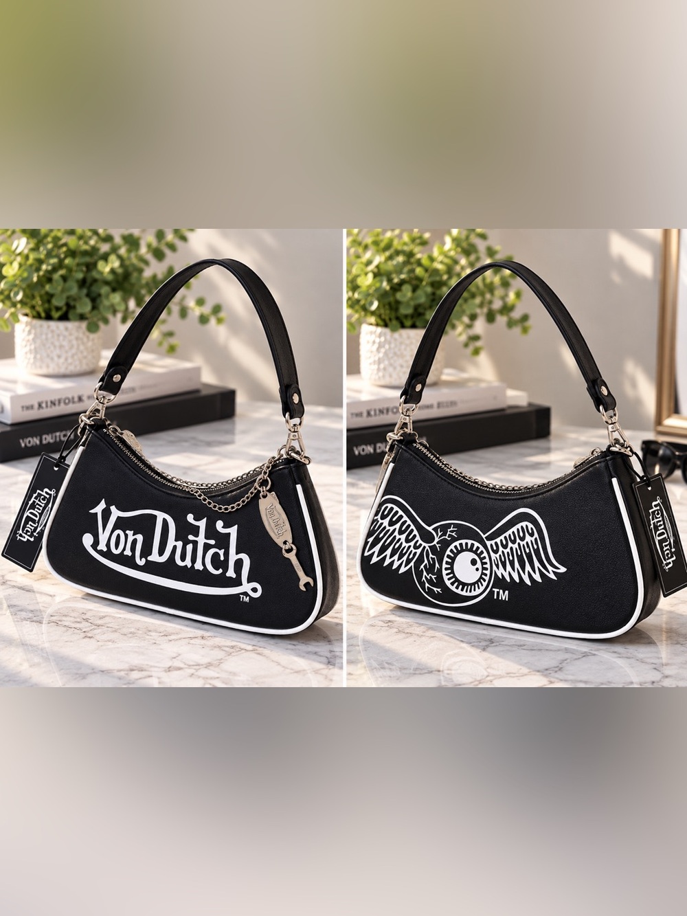 Von Dutch Flying Eyeball Black White Baguette Shoulder Bag NWT